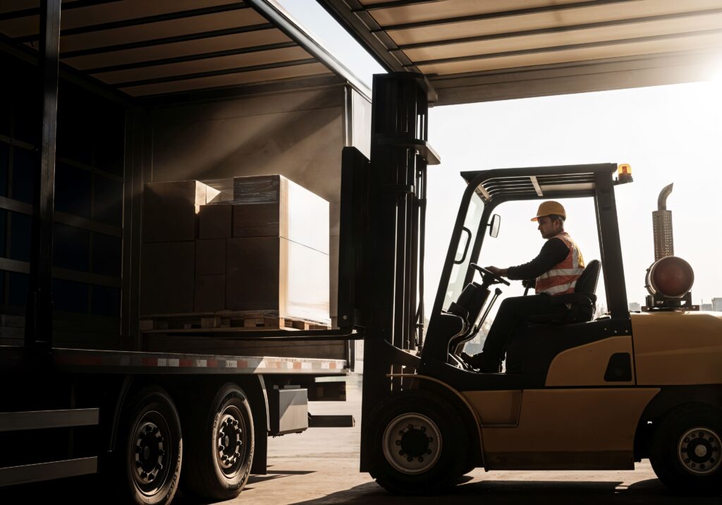 Forklift operator loading boxes onto semi truck (1)